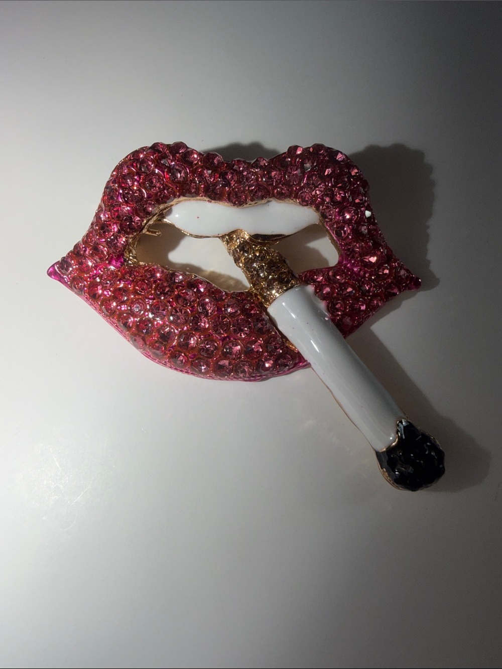Pink Crystal Lip & Cigarette Brooch - Women Makeup Accessory